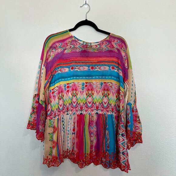 Johnny Was Porcelain Gorgeous Color Crochet Edge Flare Sleeve Blouse XS - Picture 2 of 4